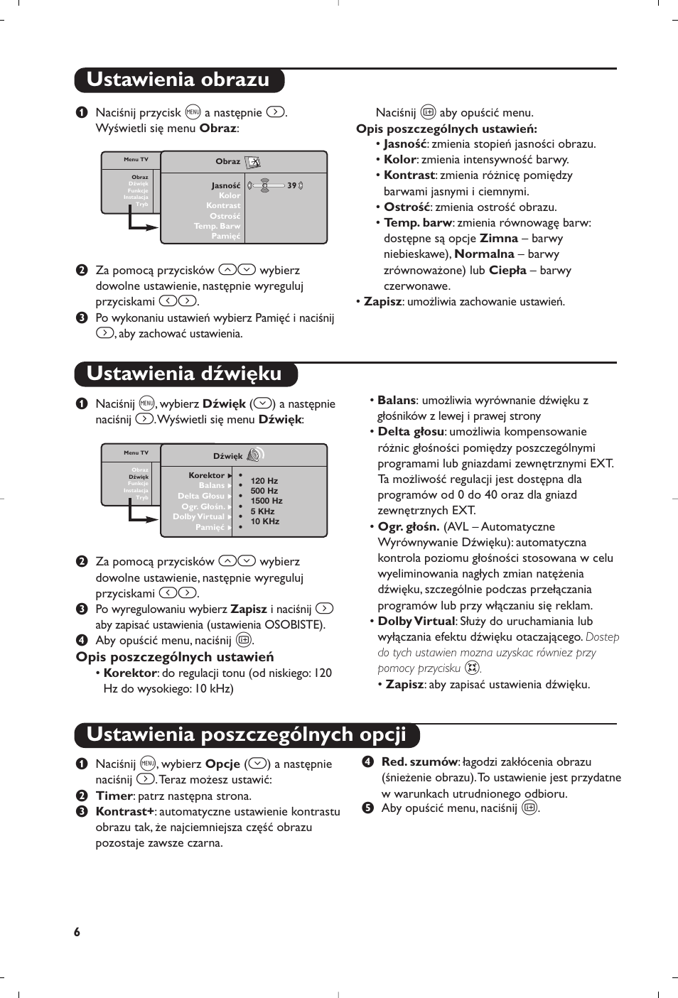 Ustawienia obrazu ustawienia dźwięku, Ustawienia poszczególnych opcji | Philips Matchline Téléviseur User Manual | Page 186 / 216