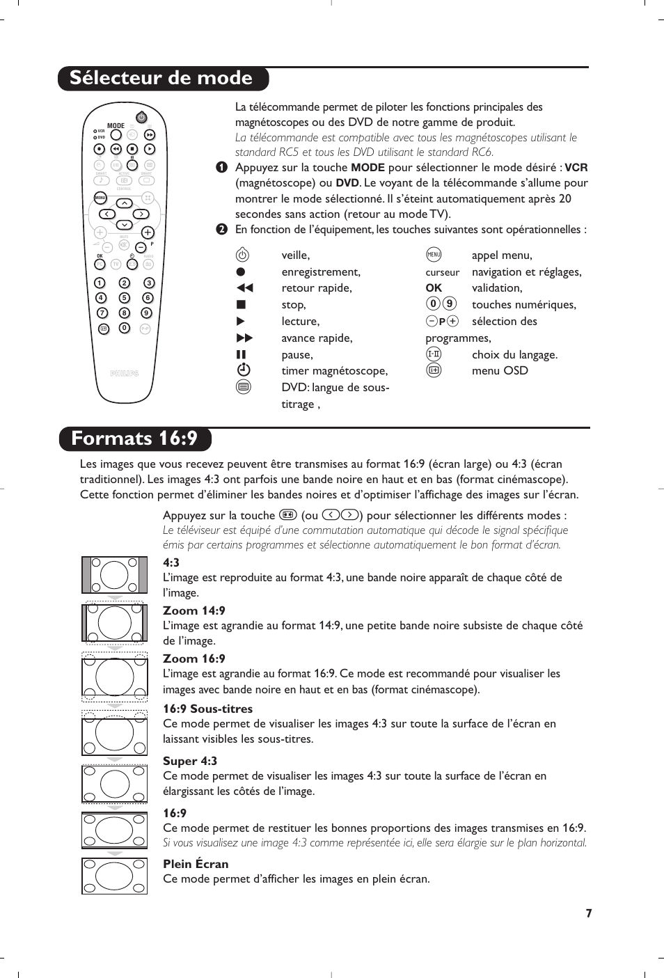 Formats 16:9, Sélecteur de mode, Veille | Enregistrement, Retour rapide, Stop, Lecture, Avance rapide, Pause, Timer magnétoscope | Philips Matchline Téléviseur User Manual | Page 19 / 216