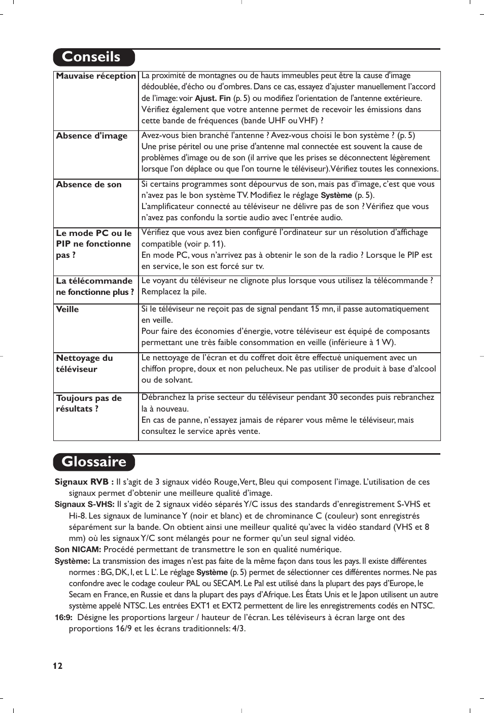 Glossaire, Conseils | Philips Matchline Téléviseur User Manual | Page 24 / 216