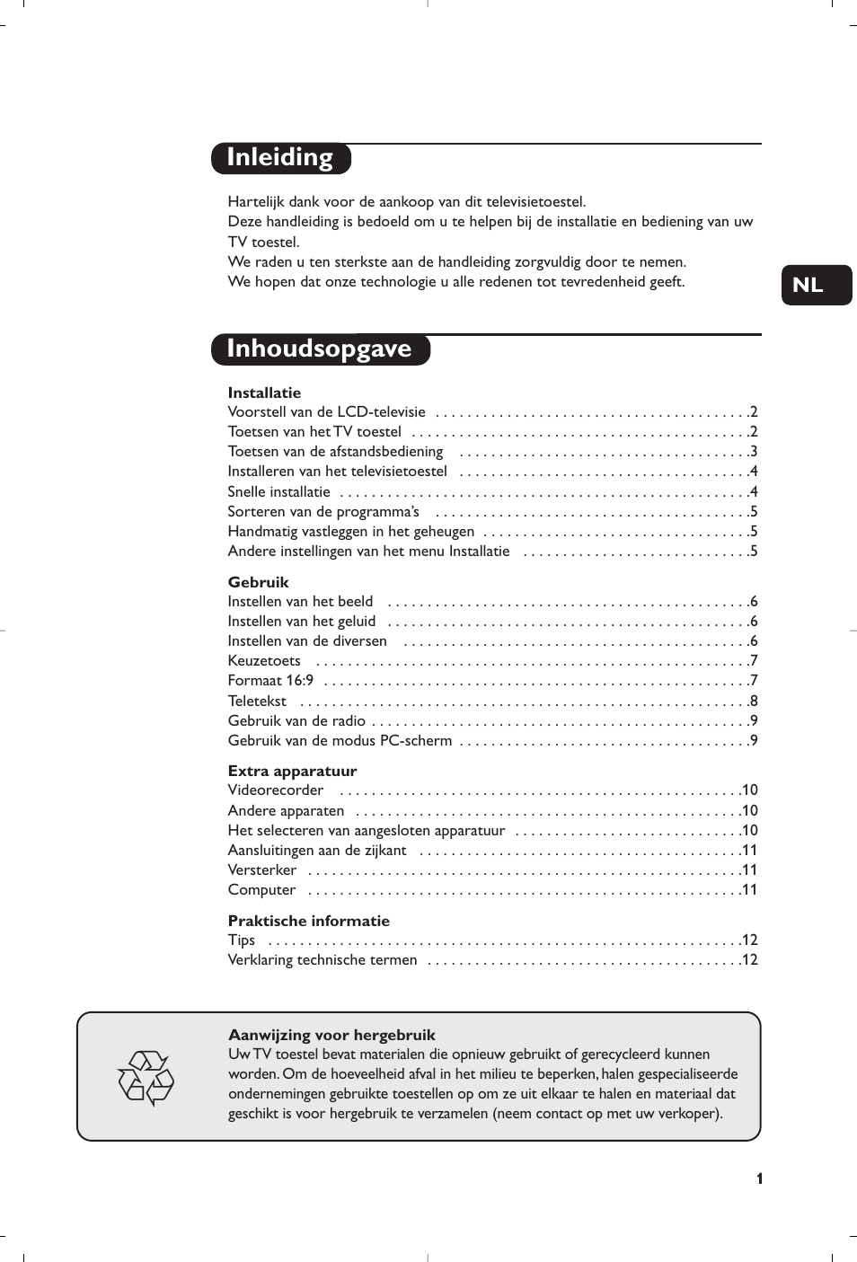 Inleiding inhoudsopgave | Philips Matchline Téléviseur User Manual | Page 25 / 216