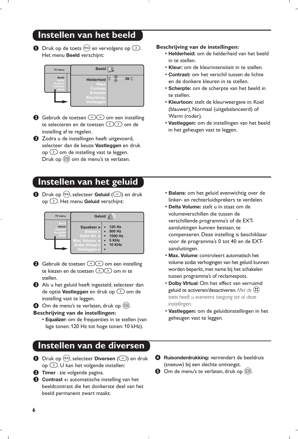 Instellen van het beeld instellen van het geluid, Instellen van de diversen | Philips Matchline Téléviseur User Manual | Page 30 / 216