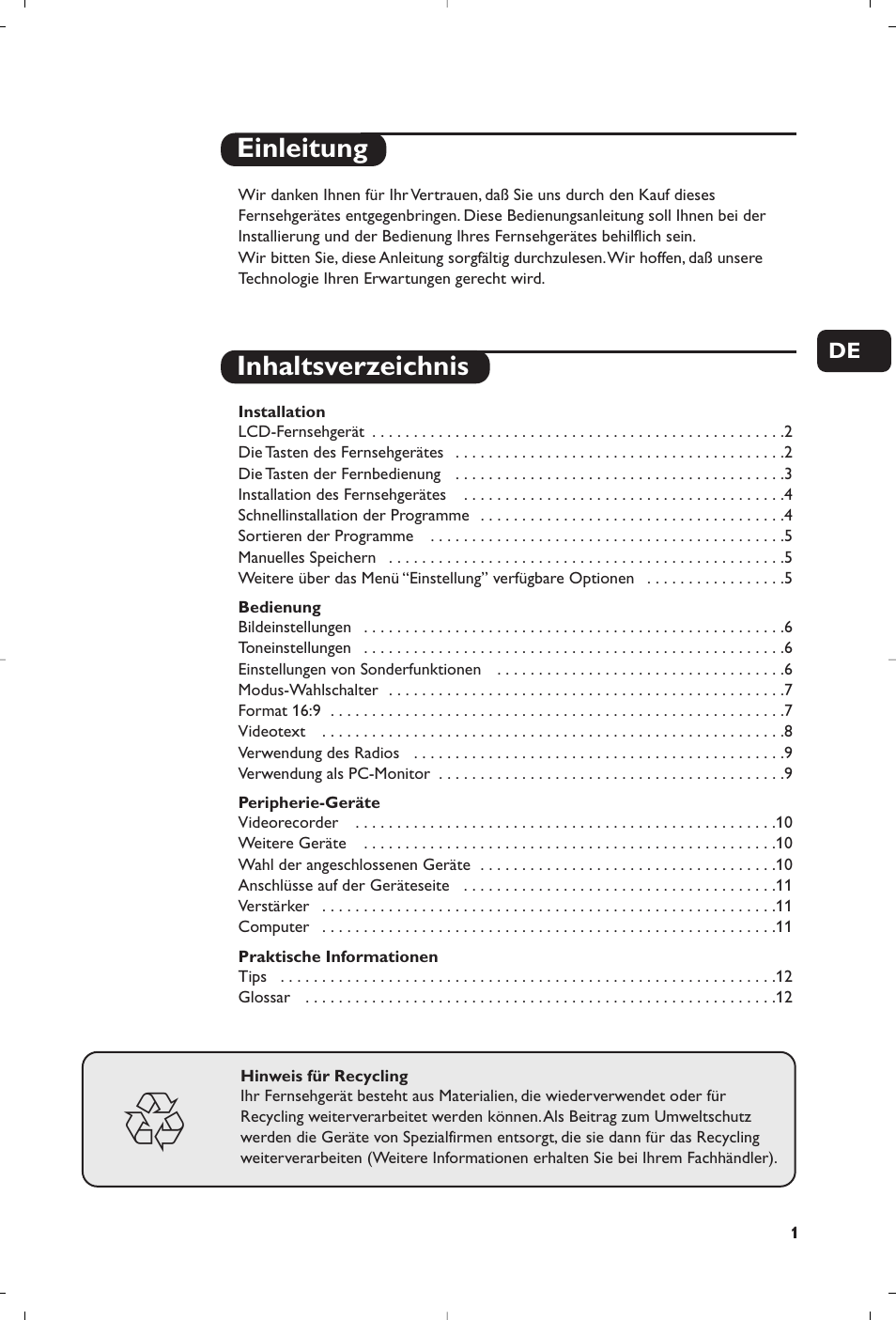 Einleitung inhaltsverzeichnis | Philips Matchline Téléviseur User Manual | Page 37 / 216