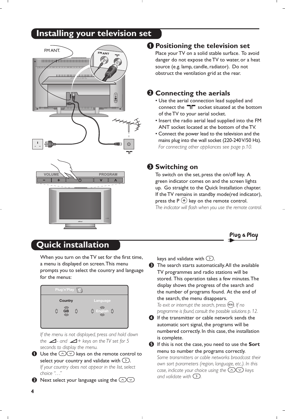 Quick installation, Installing your television set, Positioning the television set | Connecting the aerials, Switching on | Philips Matchline Téléviseur User Manual | Page 4 / 216