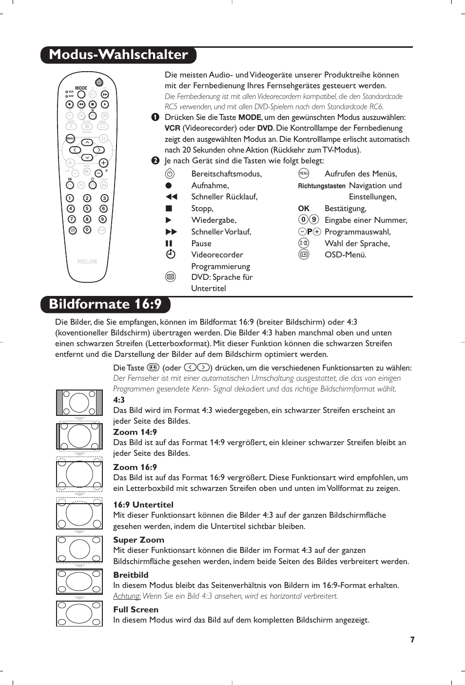 Bildformate 16:9, Modus-wahlschalter, Oder | Bereitschaftsmodus, Aufnahme, Schneller rücklauf, Stopp, Wiedergabe, Schneller vorlauf, Pause | Philips Matchline Téléviseur User Manual | Page 43 / 216