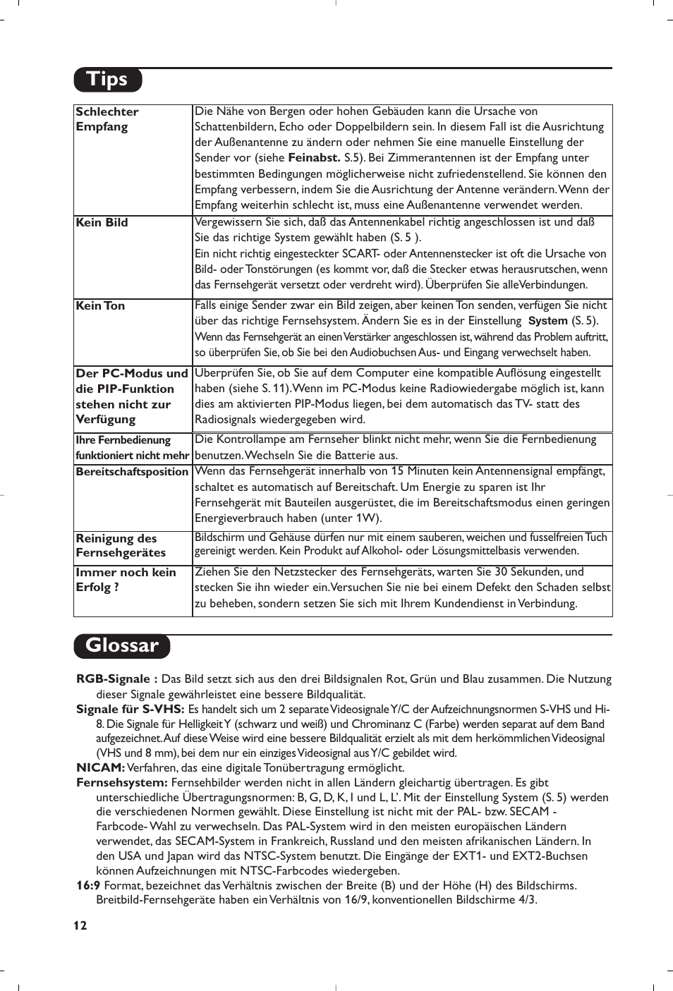 Glossar, Tips | Philips Matchline Téléviseur User Manual | Page 48 / 216