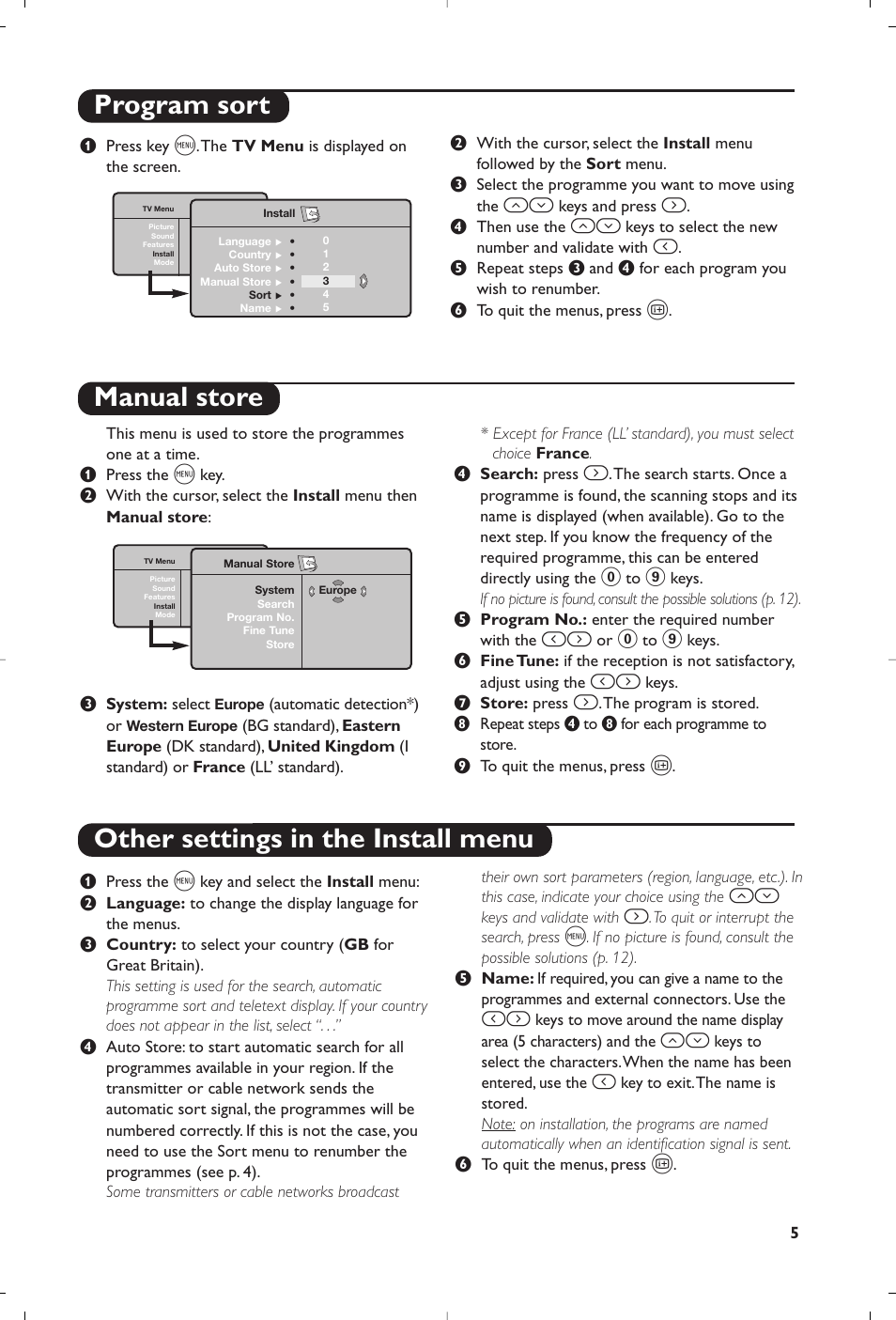 Manual store other settings in the install menu, Program sort | Philips Matchline Téléviseur User Manual | Page 5 / 216