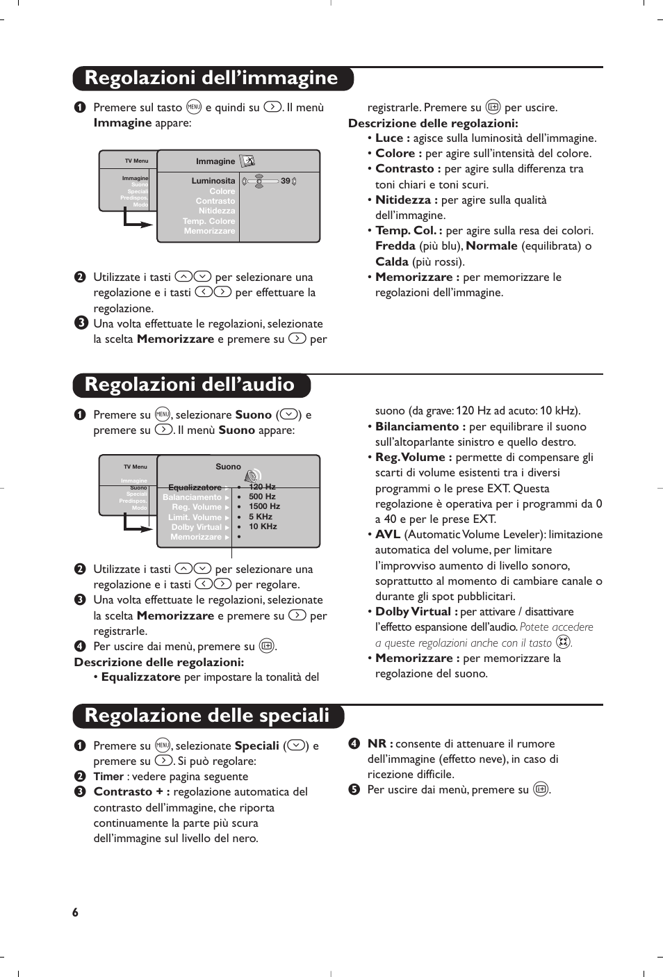 Regolazioni dell’immagine regolazioni dell’audio, Regolazione delle speciali | Philips Matchline Téléviseur User Manual | Page 54 / 216