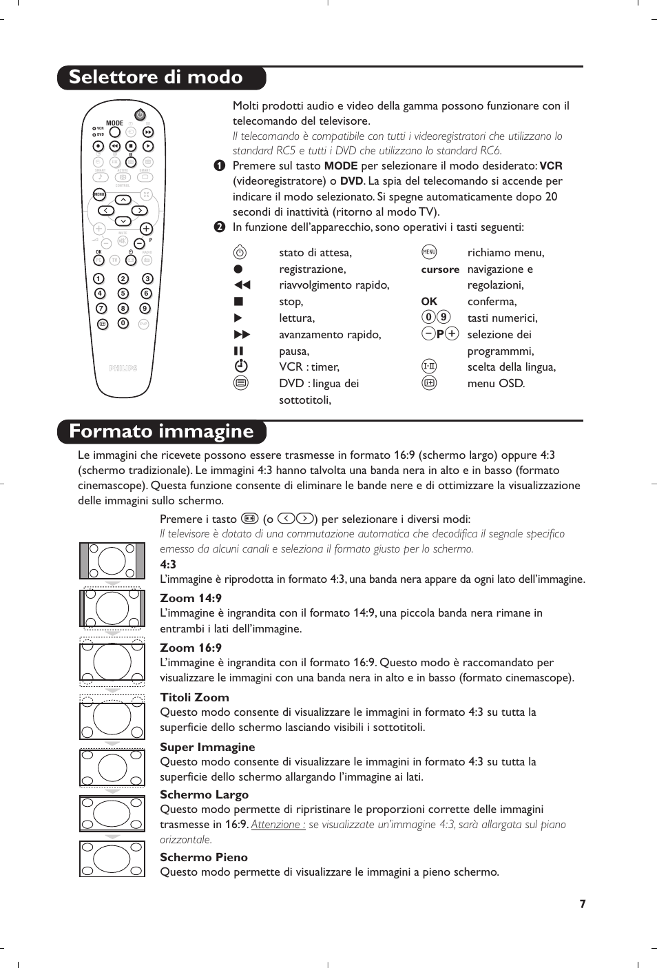 Formato immagine, Selettore di modo, Stato di attesa | Registrazione, Riavvolgimento rapido, Stop, Lettura, Avanzamento rapido, Pausa, Vcr : timer | Philips Matchline Téléviseur User Manual | Page 55 / 216