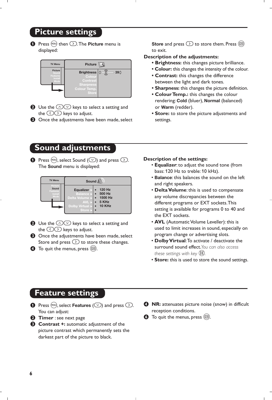 Picture settings sound adjustments, Feature settings | Philips Matchline Téléviseur User Manual | Page 6 / 216