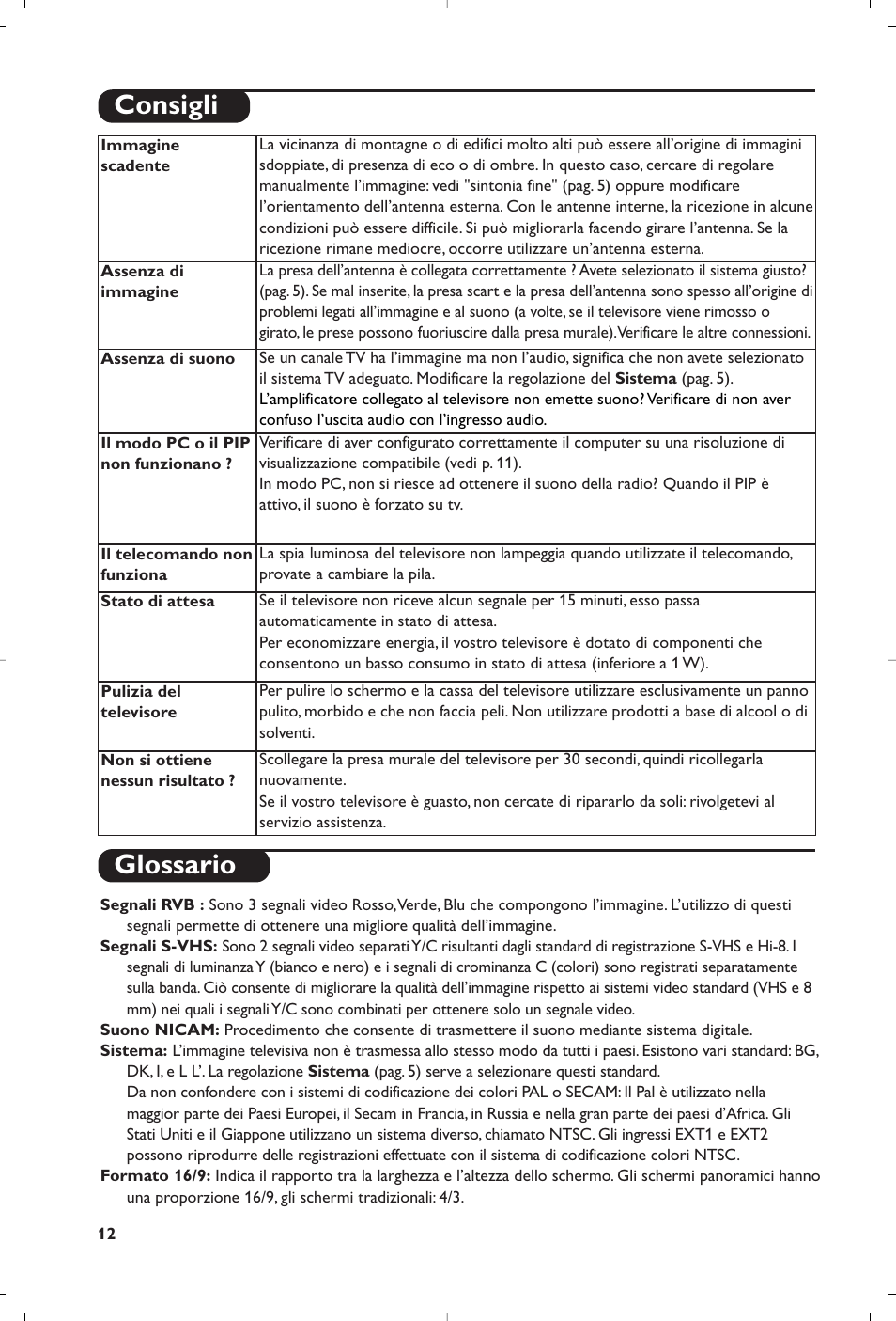 Glossario, Consigli | Philips Matchline Téléviseur User Manual | Page 60 / 216