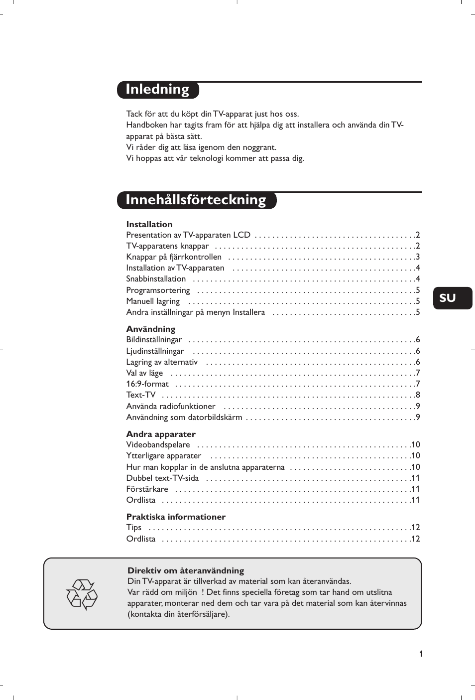Inledning innehållsförteckning | Philips Matchline Téléviseur User Manual | Page 85 / 216