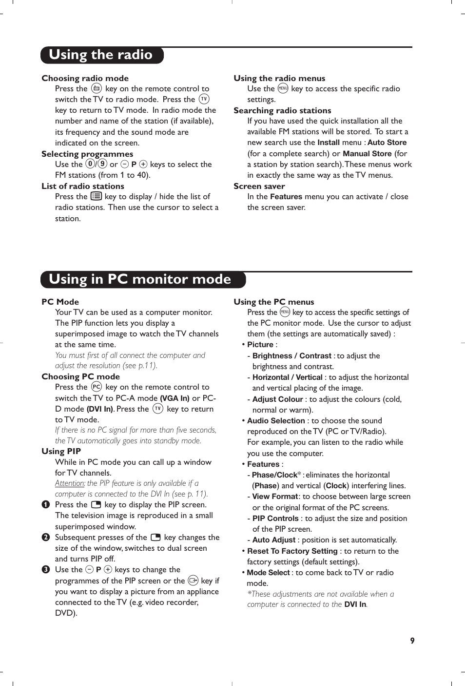 Using the radio using in pc monitor mode | Philips Matchline Téléviseur User Manual | Page 9 / 216