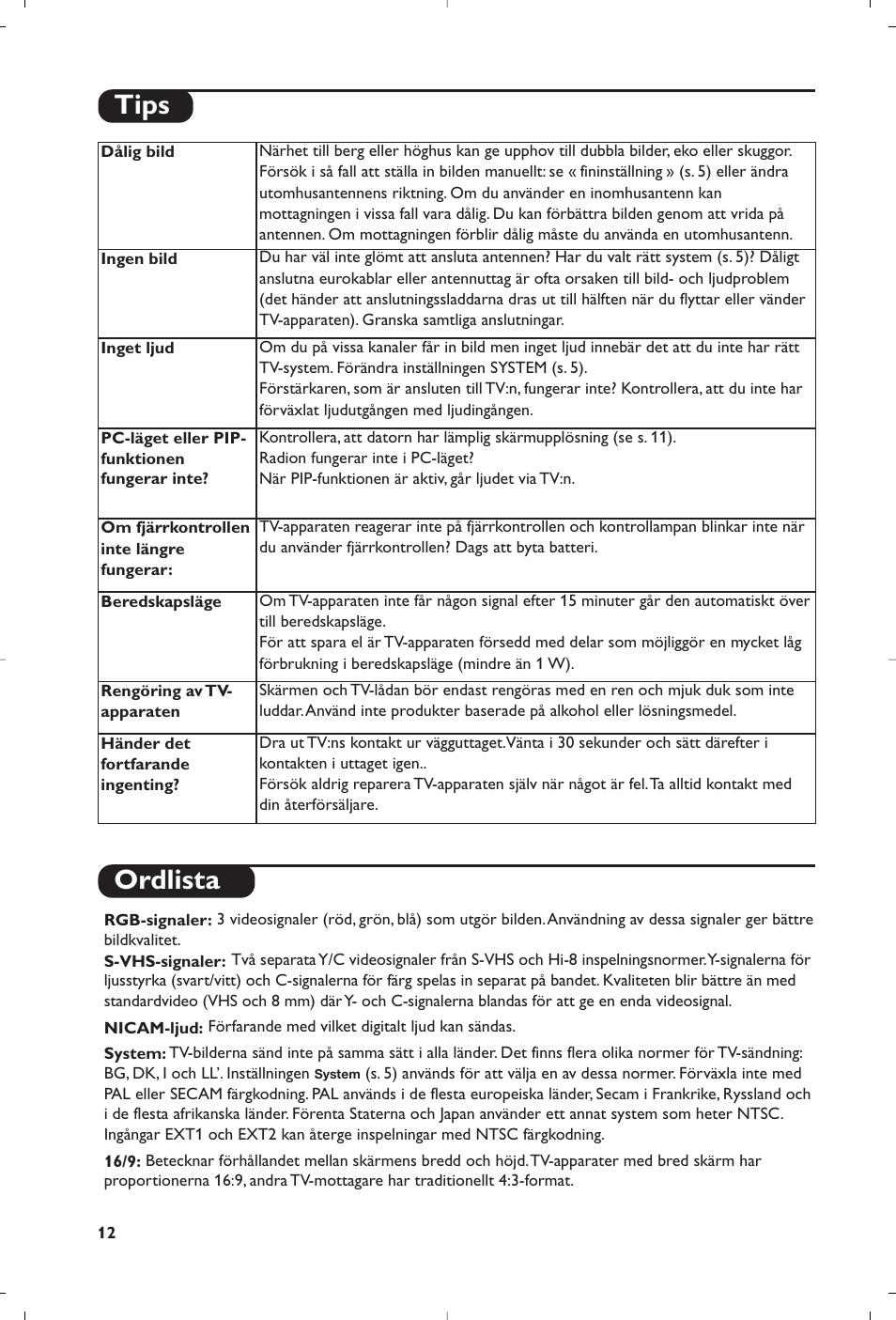 Ordlista, Tips | Philips Matchline Téléviseur User Manual | Page 96 / 216