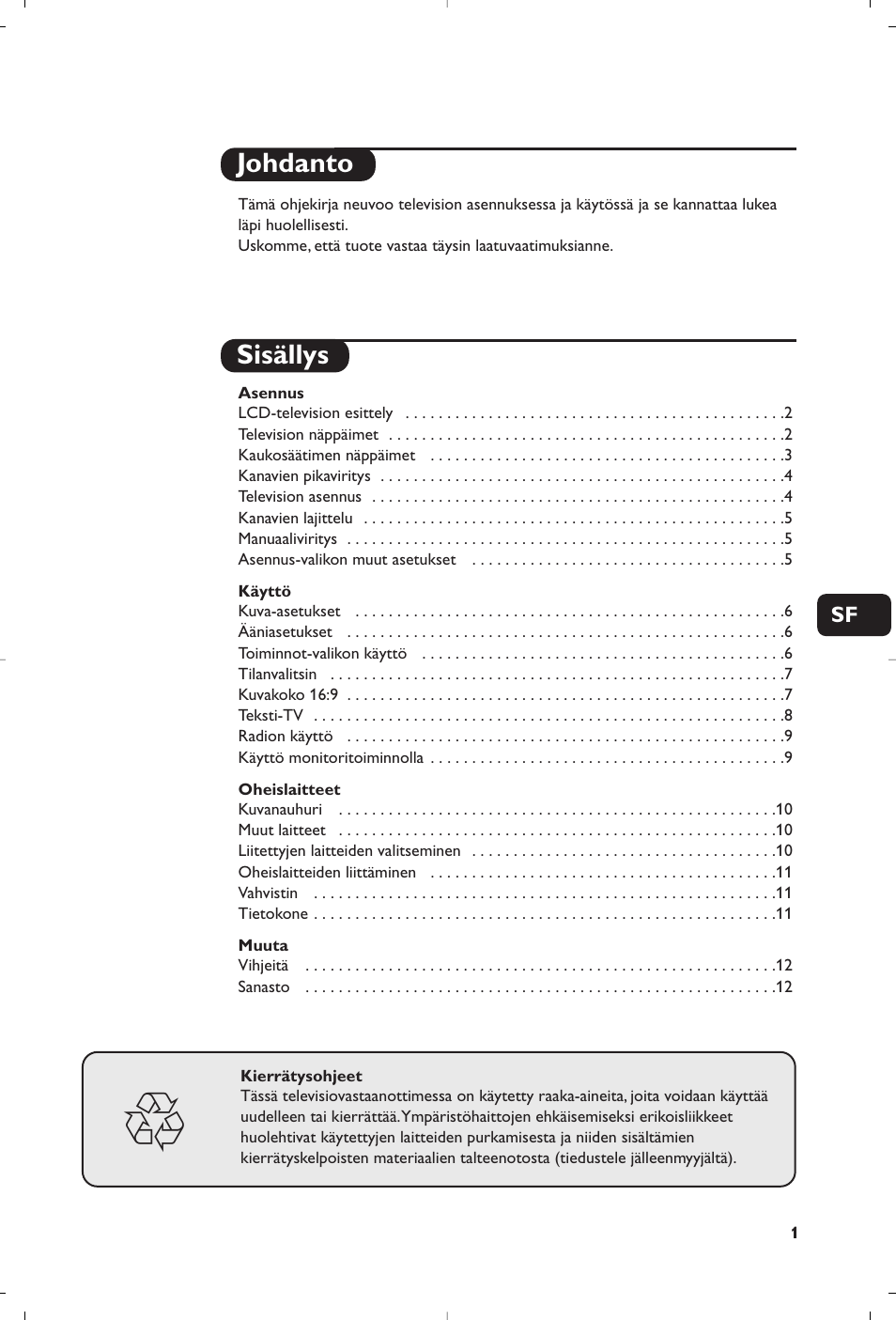 Johdanto sisällys | Philips Matchline Téléviseur User Manual | Page 97 / 216