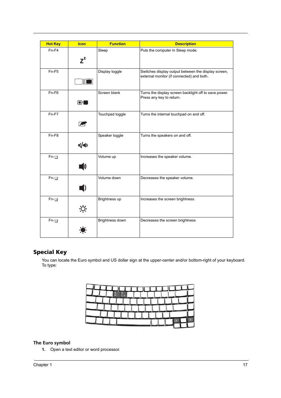 Special key | Acer 3240 User Manual | Page 23 / 106