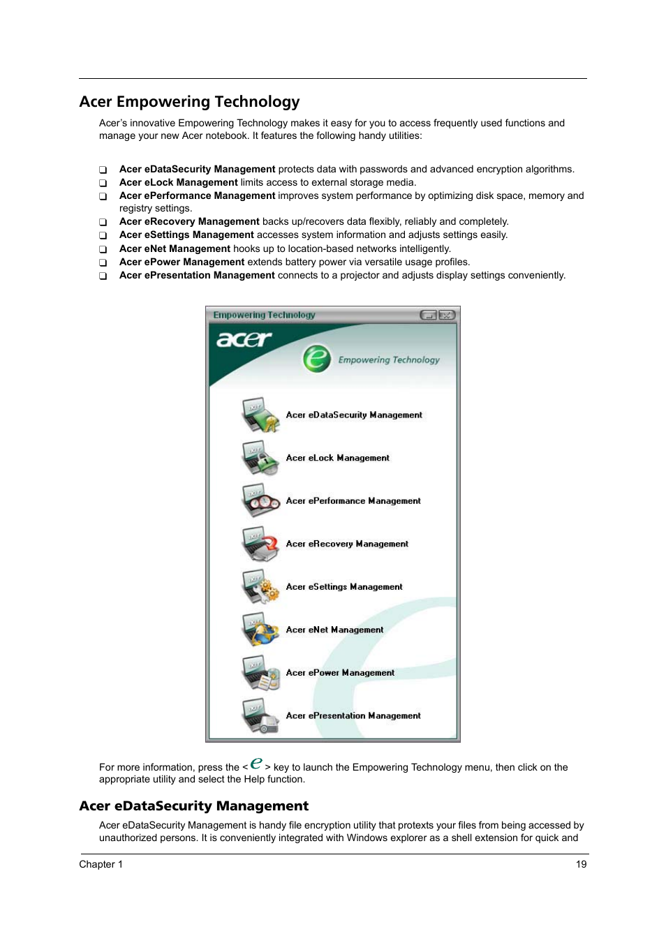 Acer empowering technology, Acer edatasecurity management | Acer 3240 User Manual | Page 25 / 106