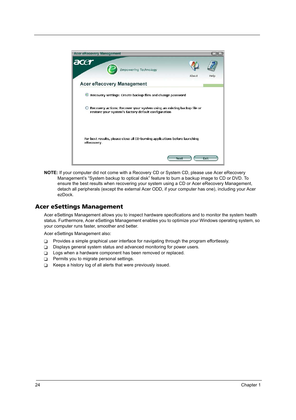 Acer esettings management | Acer 3240 User Manual | Page 30 / 106