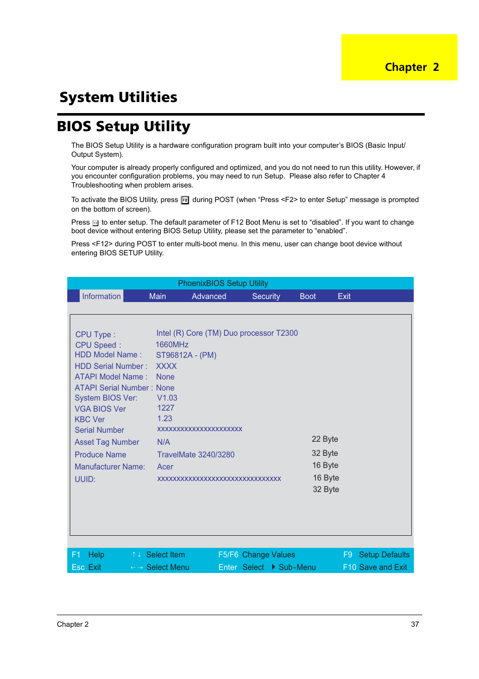 Bios setup utility, System utilities, Chapter 2 | Acer 3240 User Manual | Page 43 / 106