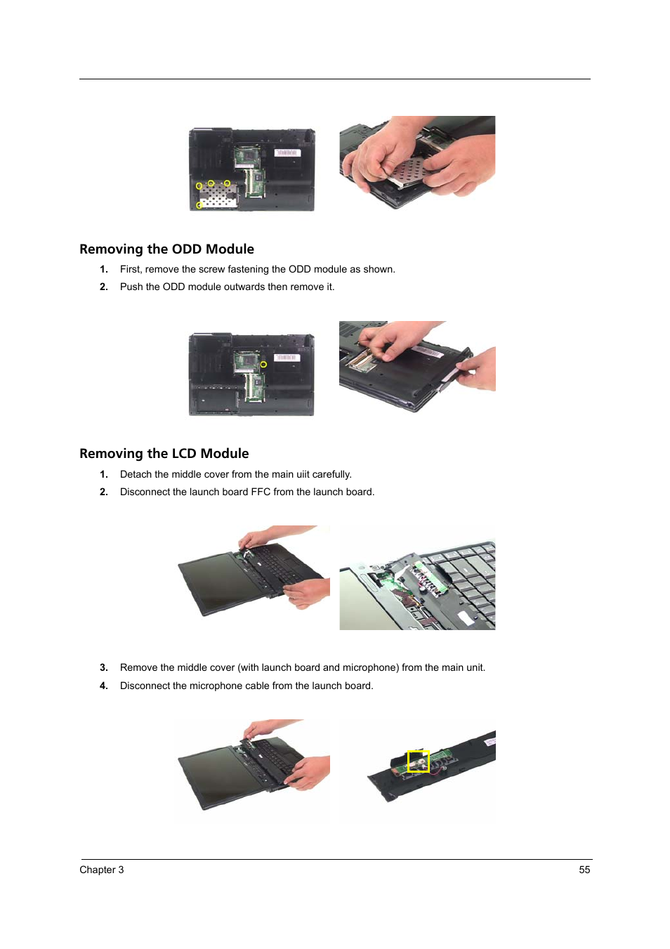 Removing the odd module, Removing the lcd module | Acer 3240 User Manual | Page 61 / 106