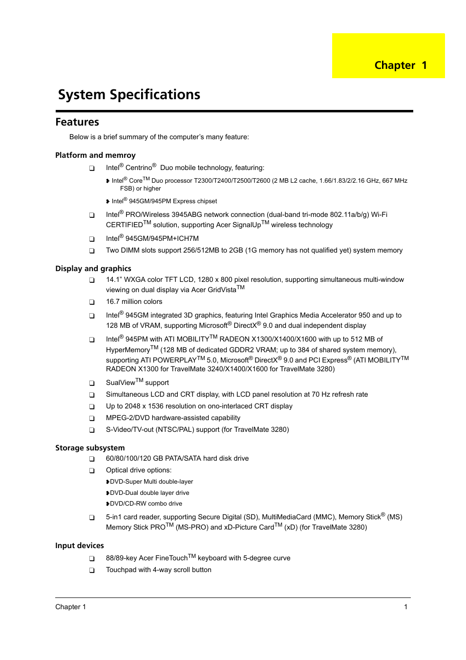 Features, System specifications, Chapter 1 | Acer 3240 User Manual | Page 7 / 106