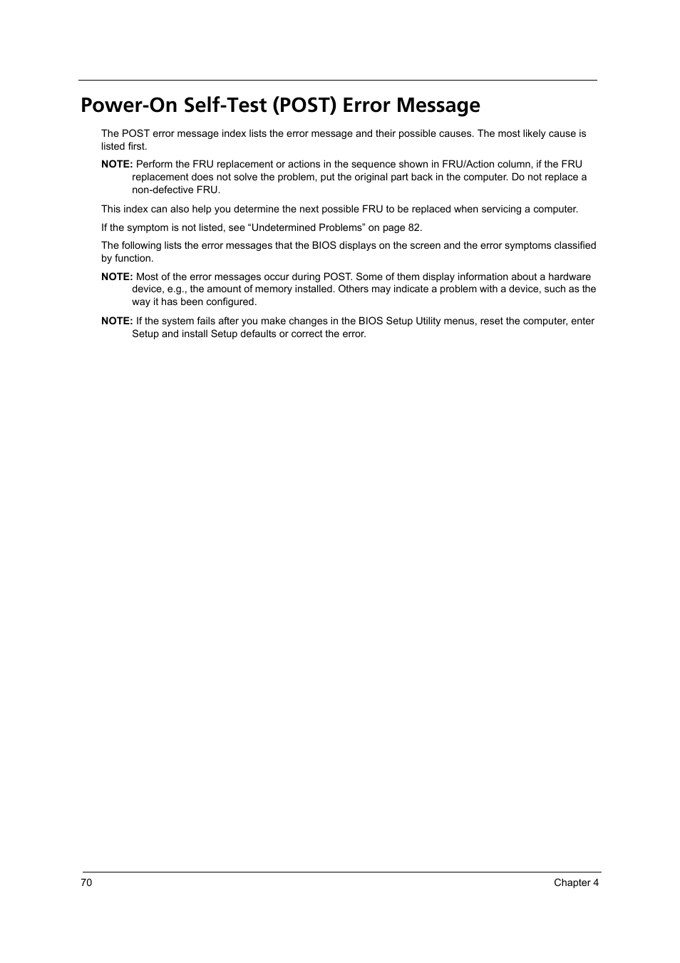 Power-on self-test (post) error message | Acer 3240 User Manual | Page 76 / 106