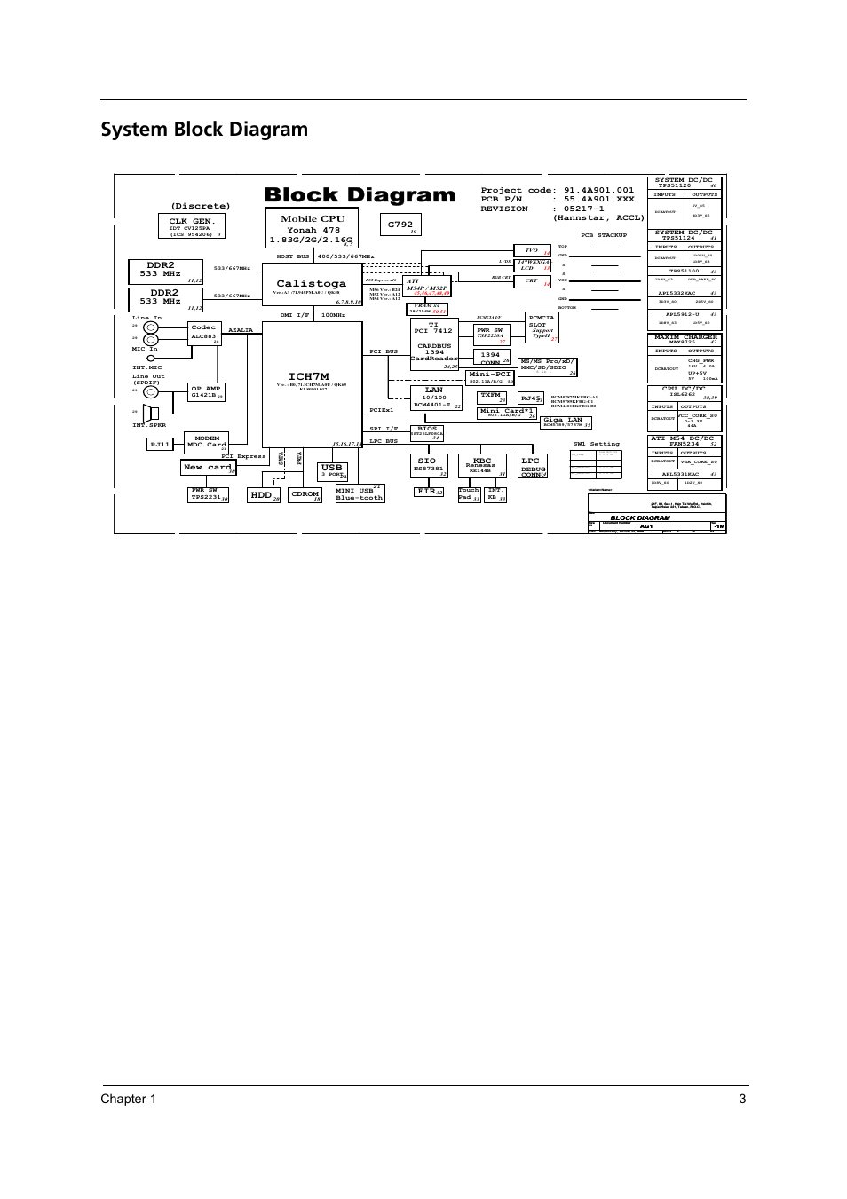 System block diagram, Block diagram block diagram, Chapter 1 3 | Ich7m, Calistoga, Ddr2, Mobile cpu, G792, Discrete), Clk gen | Acer 3240 User Manual | Page 9 / 106