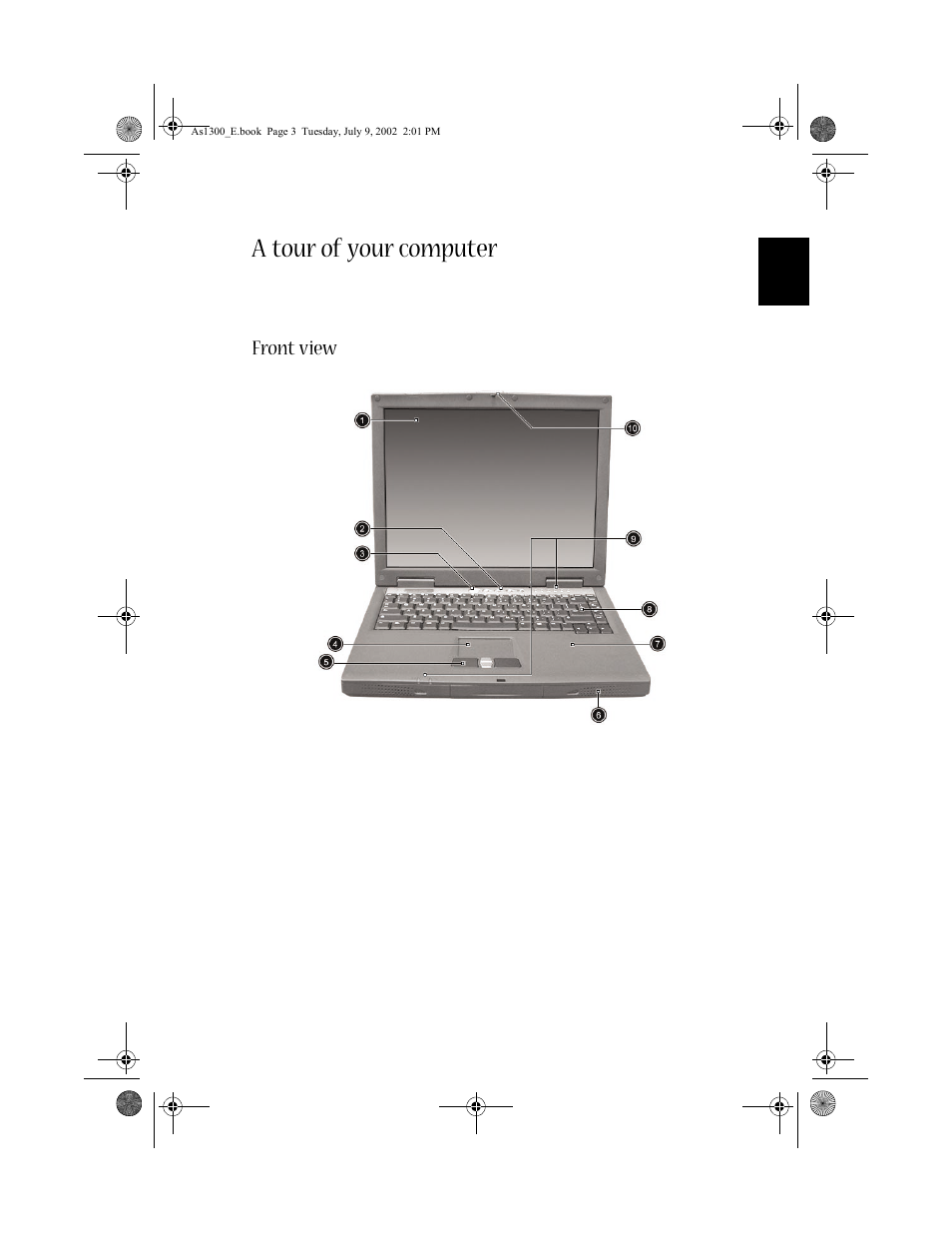 A tour of your computer, Front view | Acer 1300 series User Manual | Page 13 / 96