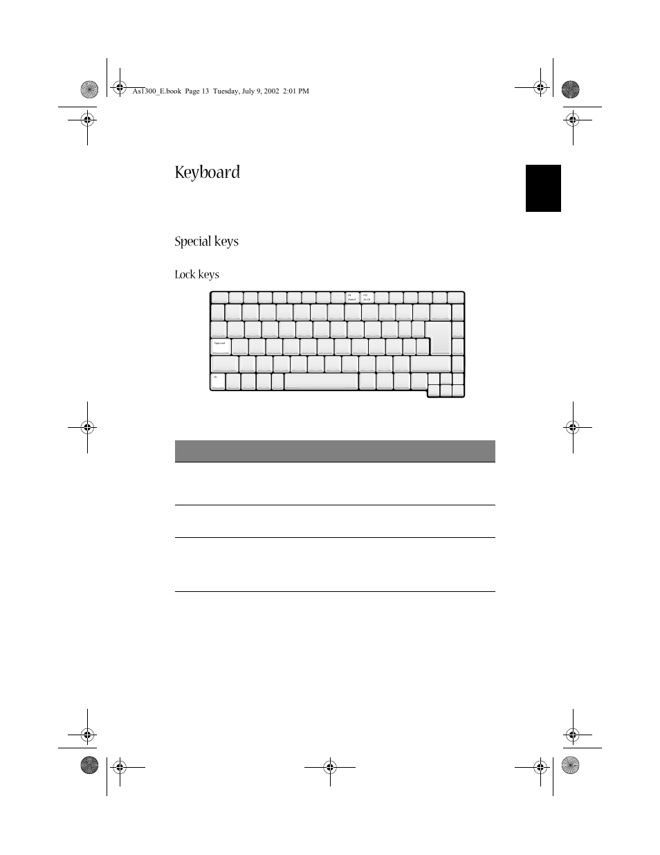 Keyboard, Special keys, Lock keys | Acer 1300 series User Manual | Page 23 / 96