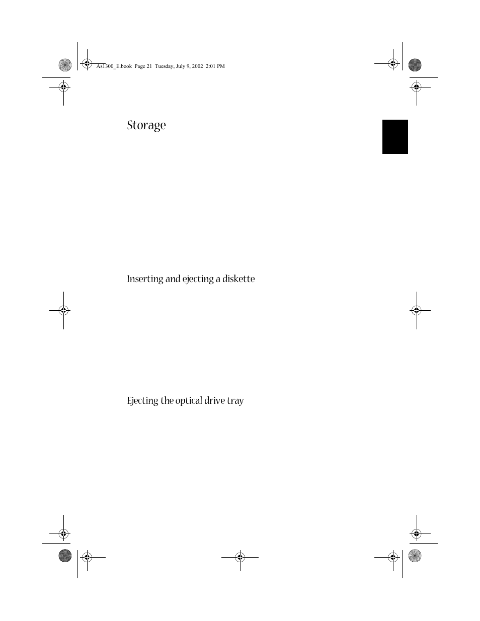 Storage, Inserting and ejecting a diskette, Ejecting the optical drive tray | Acer 1300 series User Manual | Page 31 / 96