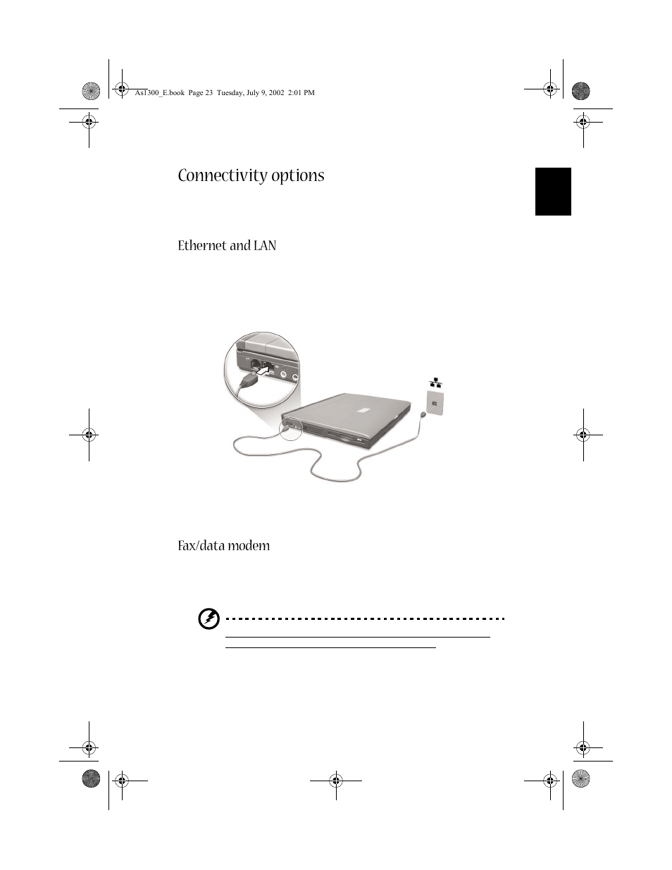 Connectivity options, Ethernet and lan, Fax/data modem | Acer 1300 series User Manual | Page 33 / 96