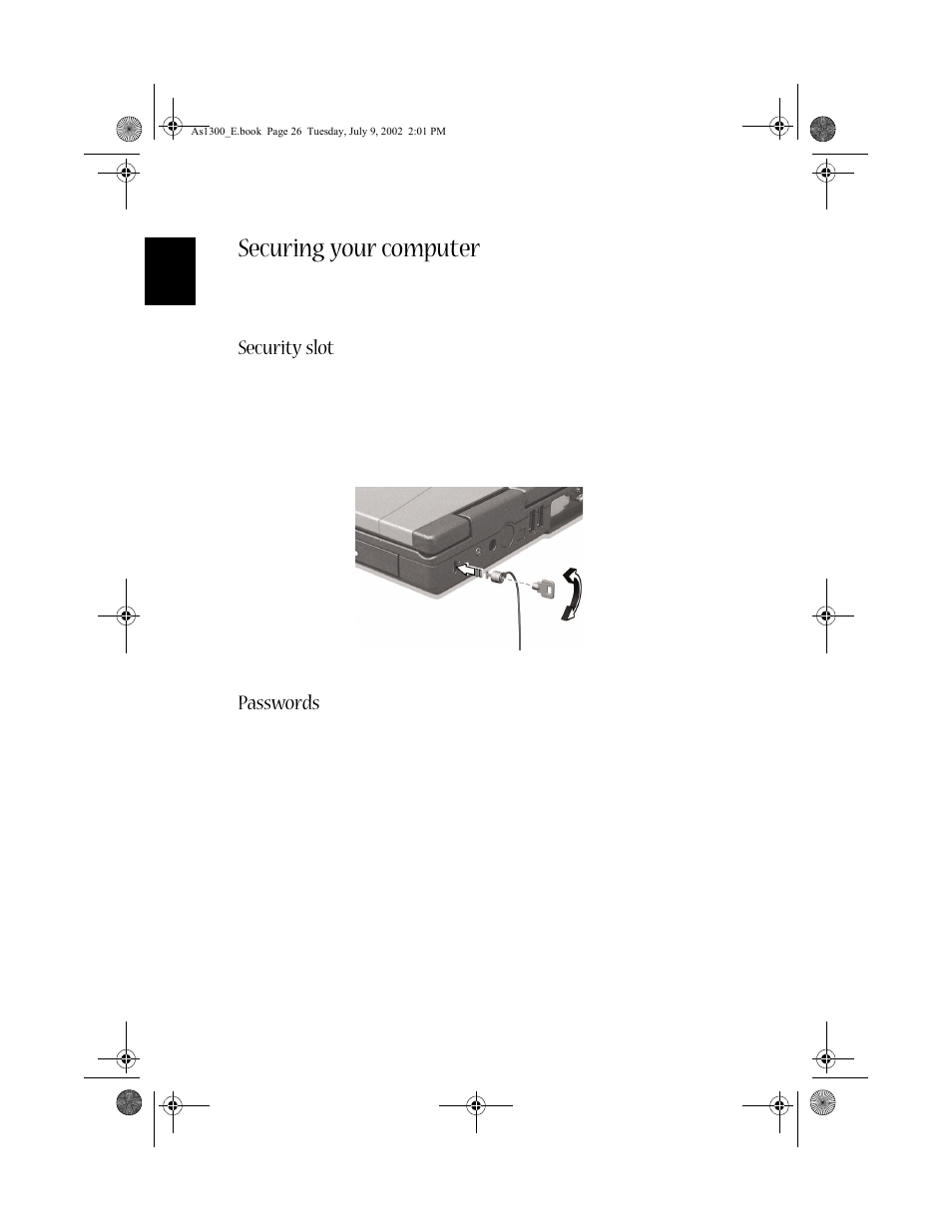 Securing your computer, Security slot, Passwords | Acer 1300 series User Manual | Page 36 / 96