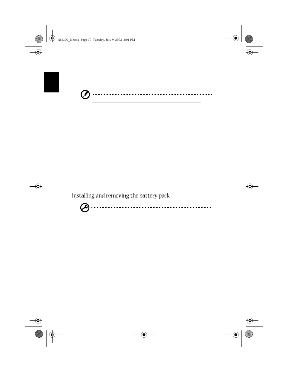 Installing and removing the battery pack | Acer 1300 series User Manual | Page 40 / 96