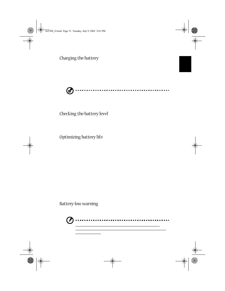 Charging the battery, Checking the battery level, Optimizing battery life | Battery-low warning | Acer 1300 series User Manual | Page 41 / 96