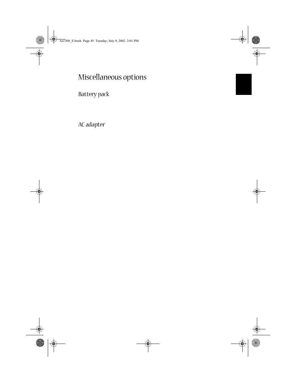 Miscellaneous options, Battery pack, Ac adapter | Acer 1300 series User Manual | Page 55 / 96