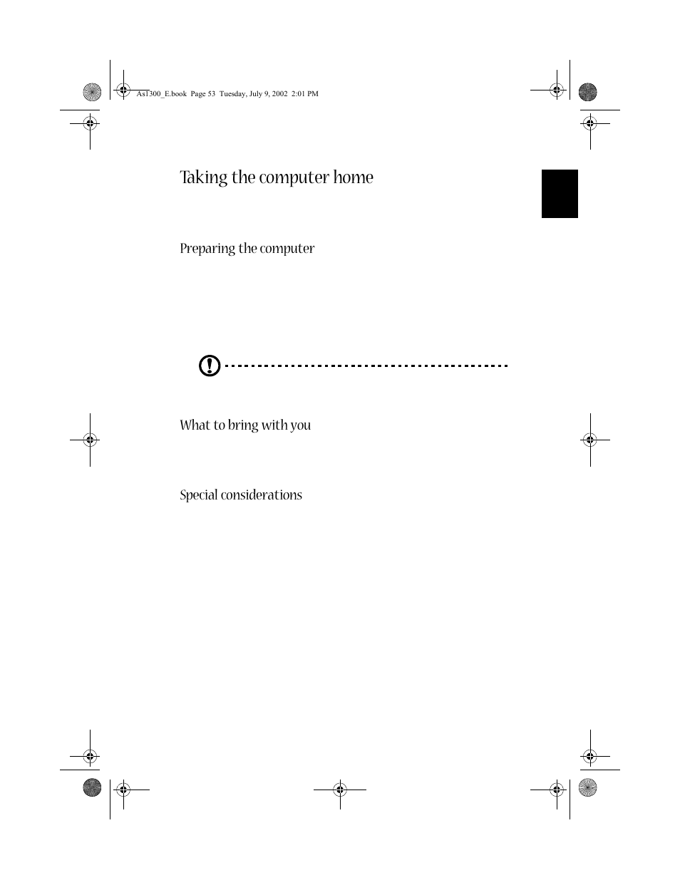 Taking the computer home, Preparing the computer, What to bring with you | Special considerations | Acer 1300 series User Manual | Page 63 / 96