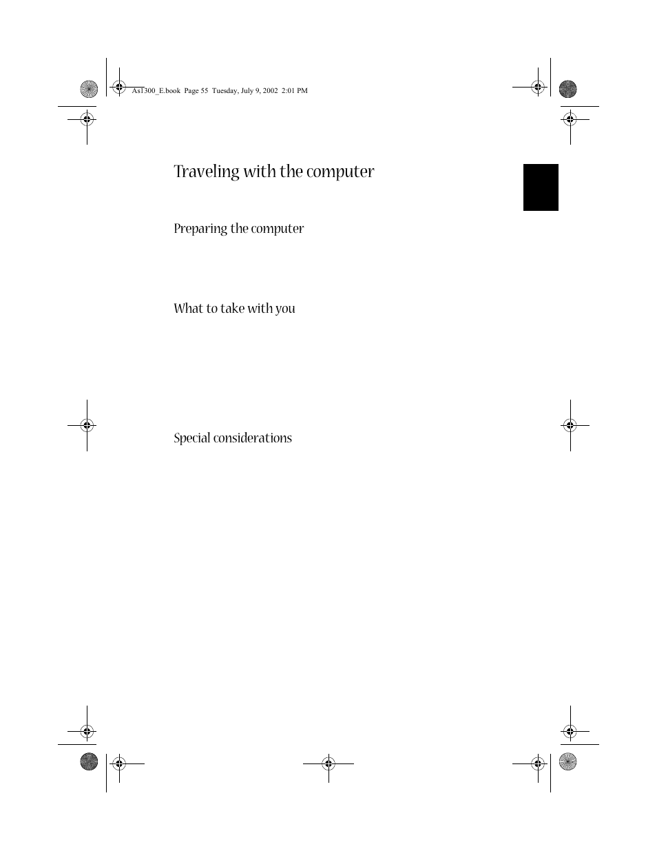 Traveling with the computer, Preparing the computer, What to take with you | Special considerations | Acer 1300 series User Manual | Page 65 / 96