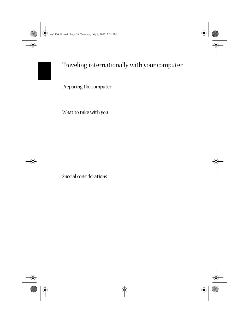 Traveling internationally with your computer, Preparing the computer, What to take with you | Special considerations | Acer 1300 series User Manual | Page 66 / 96