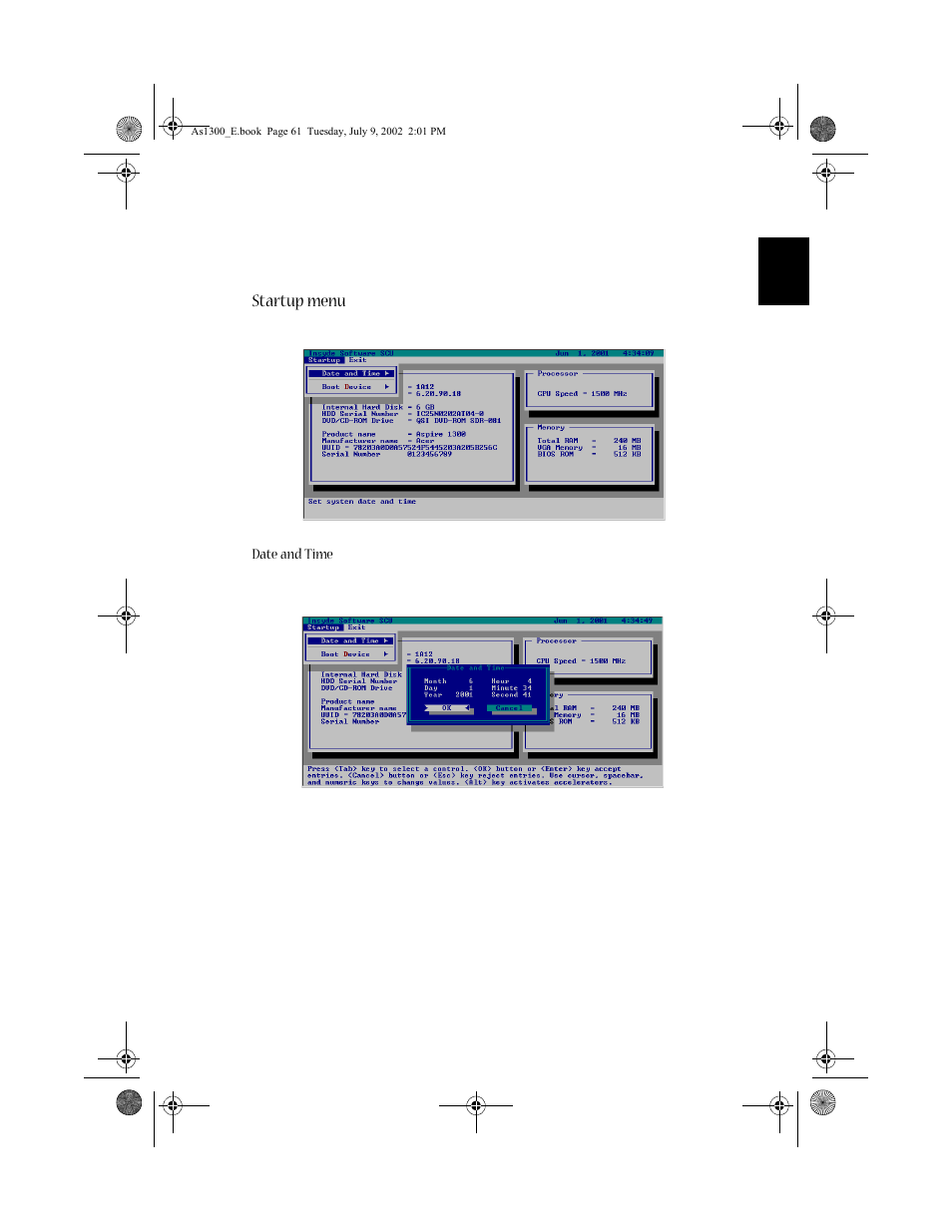 Startup menu | Acer 1300 series User Manual | Page 71 / 96