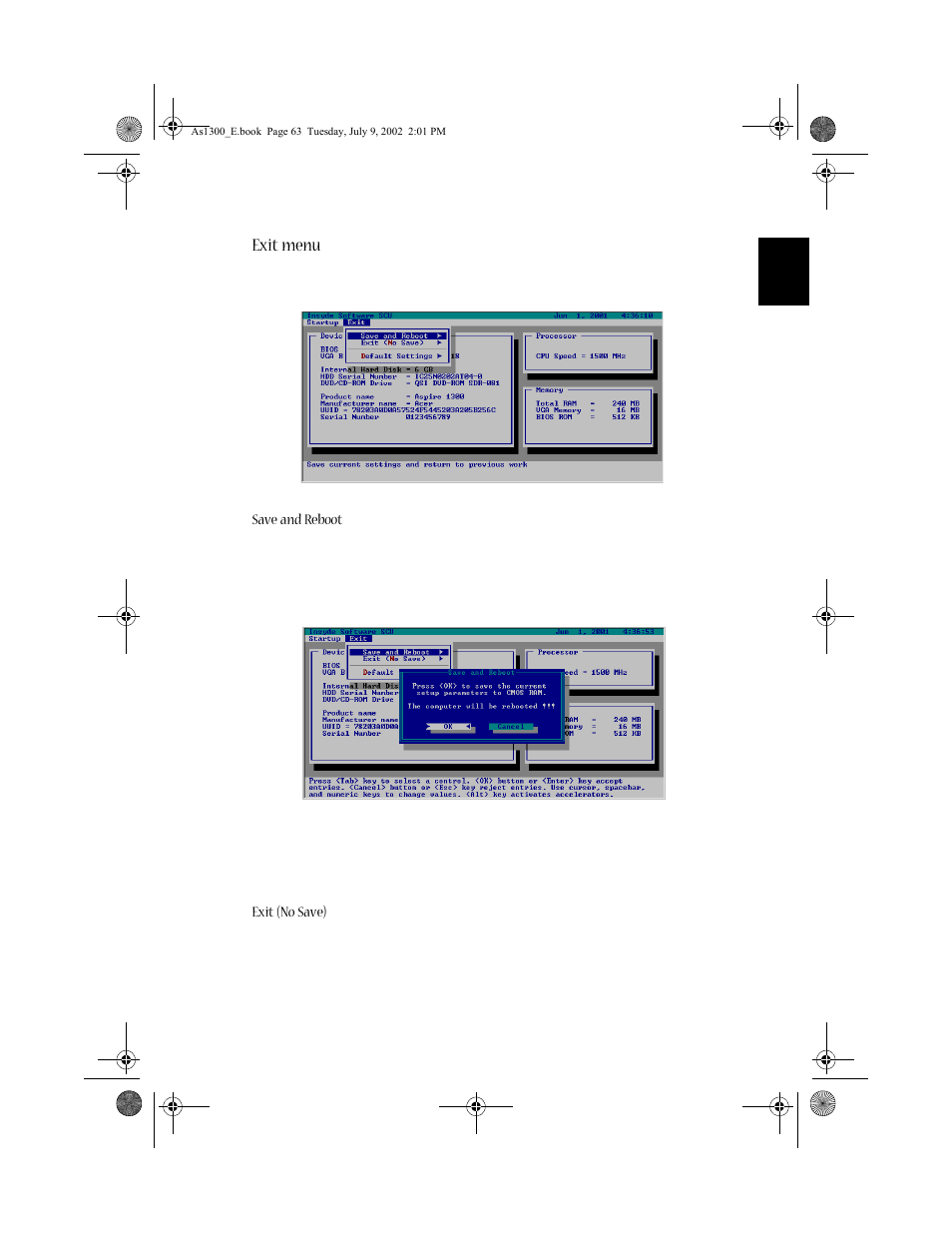 Exit menu | Acer 1300 series User Manual | Page 73 / 96