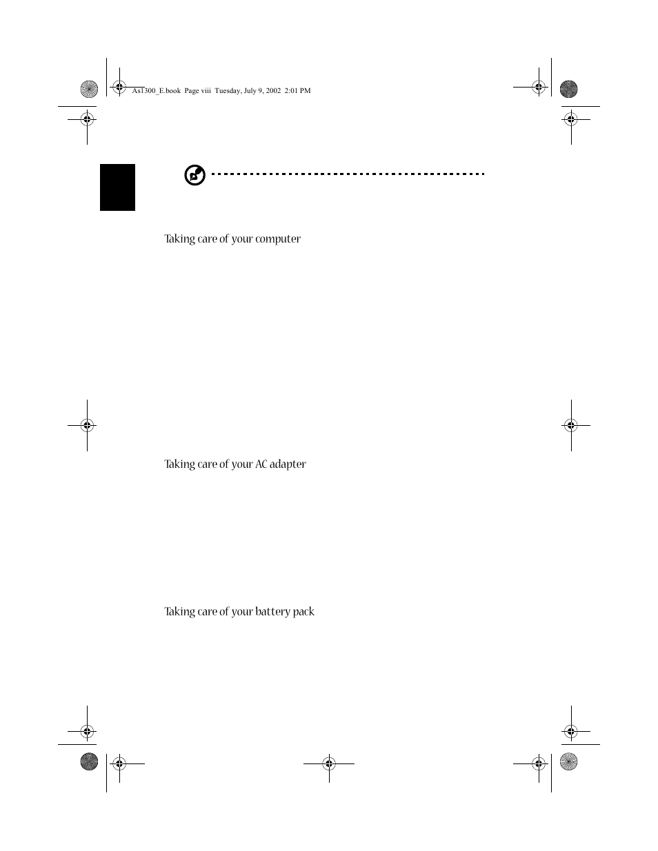 Taking care of your computer, Taking care of your ac adapter, Taking care of your battery pack | Acer 1300 series User Manual | Page 8 / 96