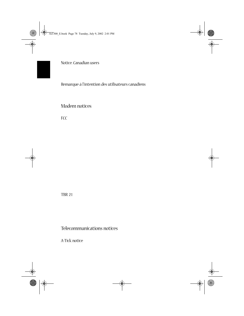 Modem notices, Telecommunications notices | Acer 1300 series User Manual | Page 88 / 96