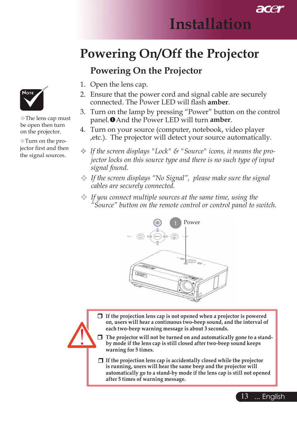 Installation, Powering on/off the projector, Powering on the projector | Acer PD724 series User Manual | Page 15 / 59