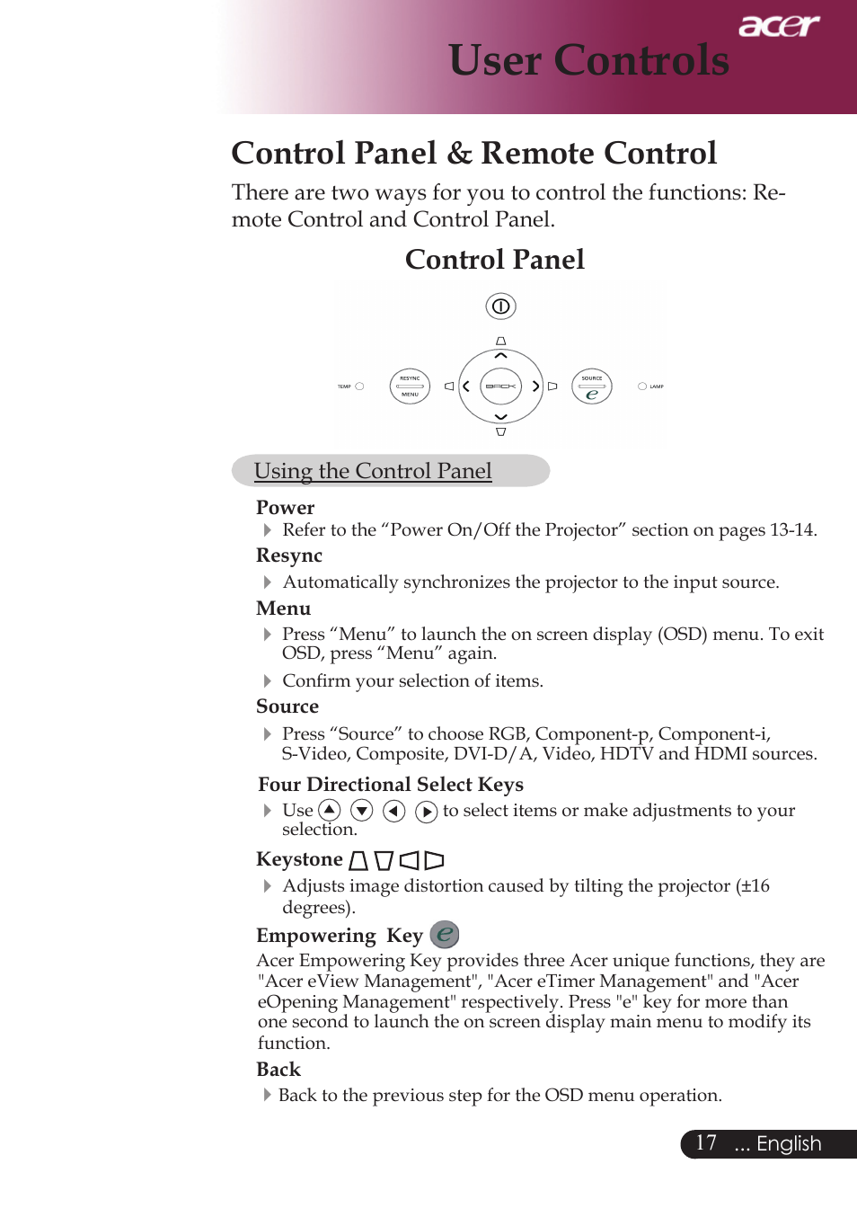 User controls, Control panel & remote control, Control panel | Acer PD724 series User Manual | Page 19 / 59