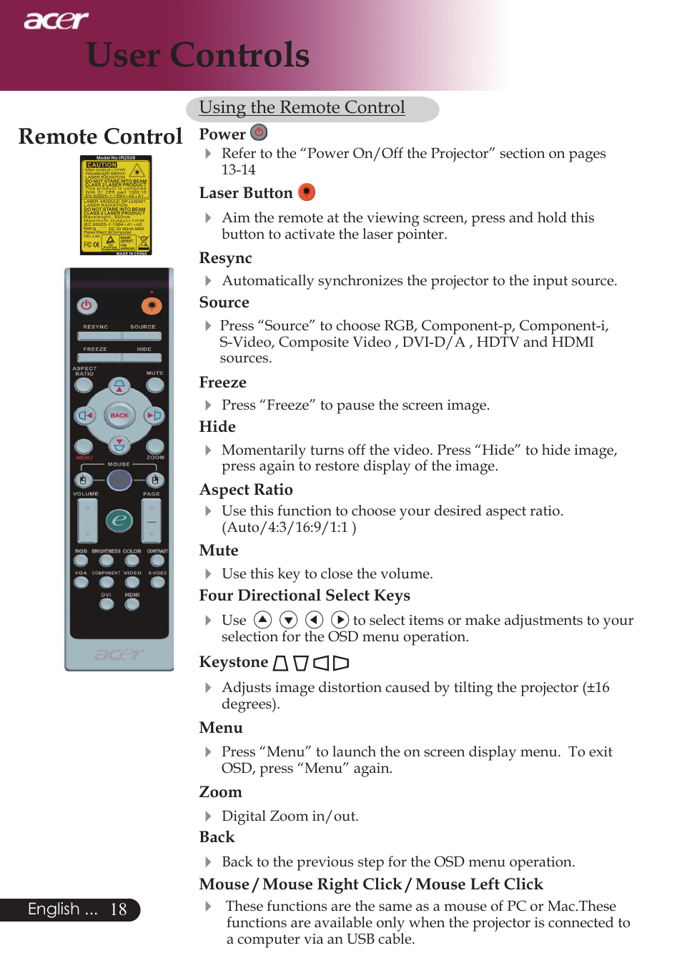 User controls, Remote control | Acer PD724 series User Manual | Page 20 / 59