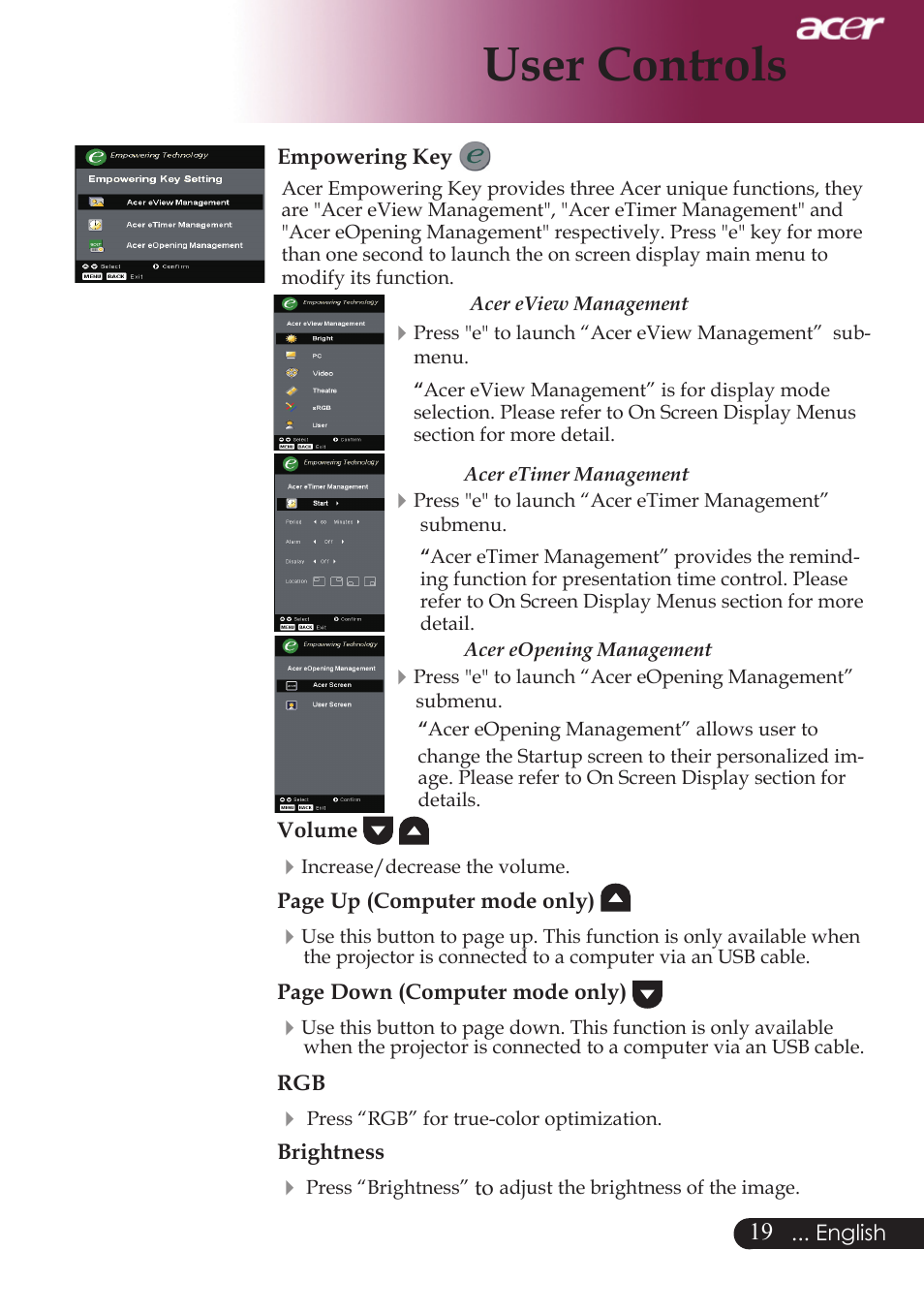 User controls | Acer PD724 series User Manual | Page 21 / 59