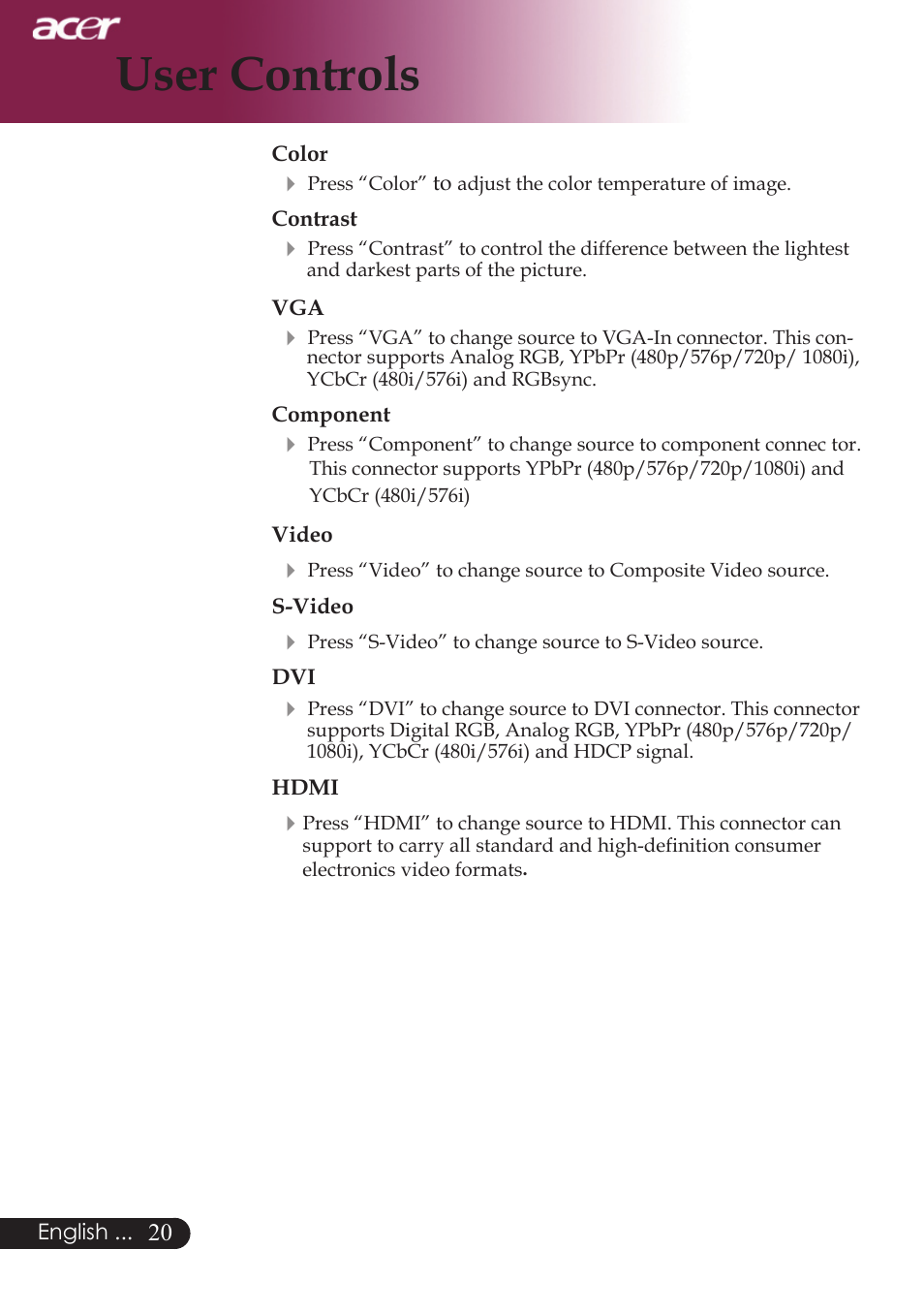 User controls | Acer PD724 series User Manual | Page 22 / 59