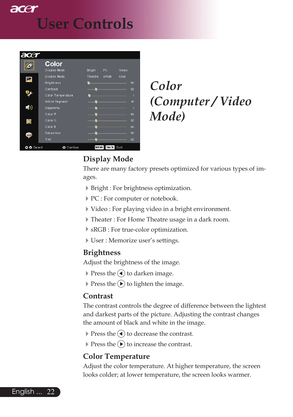 User controls, Color (computer / video mode) | Acer PD724 series User Manual | Page 24 / 59