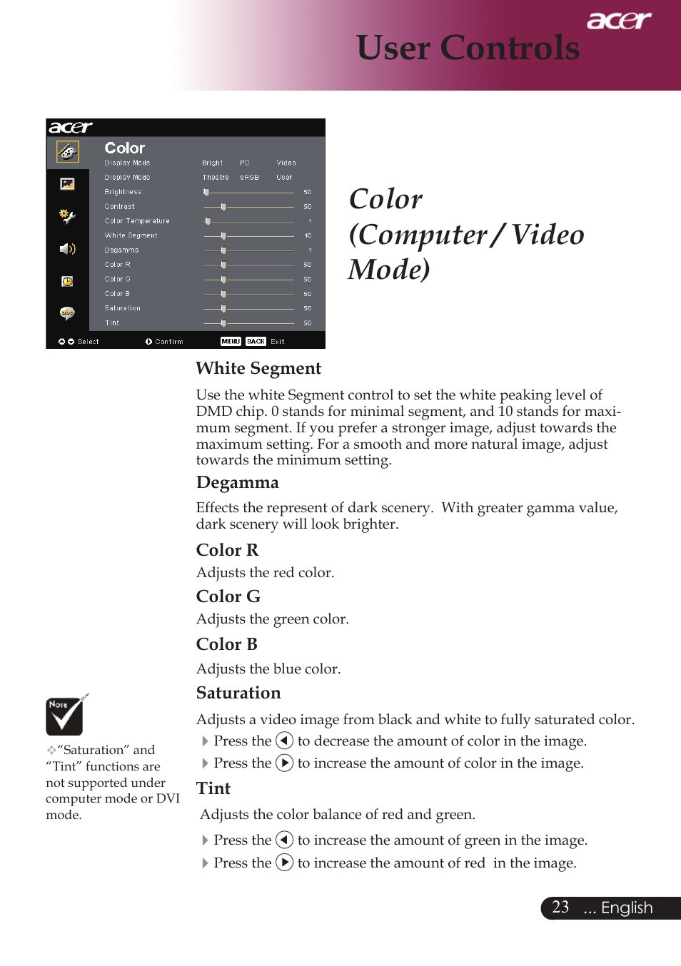 User controls, Color (computer / video mode) | Acer PD724 series User Manual | Page 25 / 59