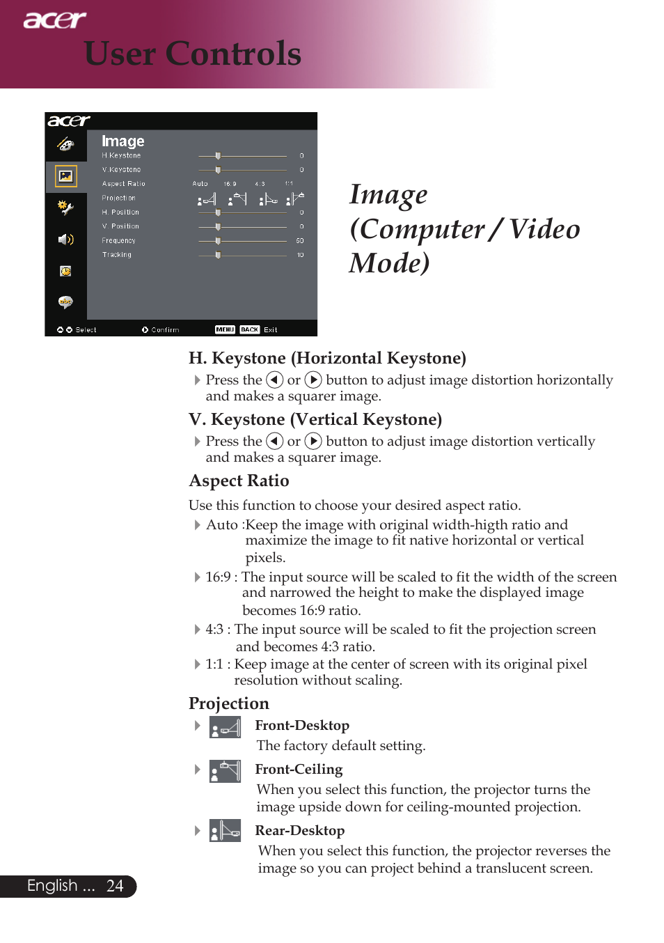 User controls, Image (computer / video mode) | Acer PD724 series User Manual | Page 26 / 59