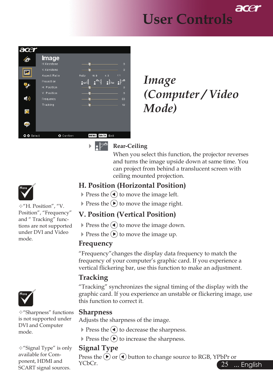 User controls, Image (computer / video mode) | Acer PD724 series User Manual | Page 27 / 59